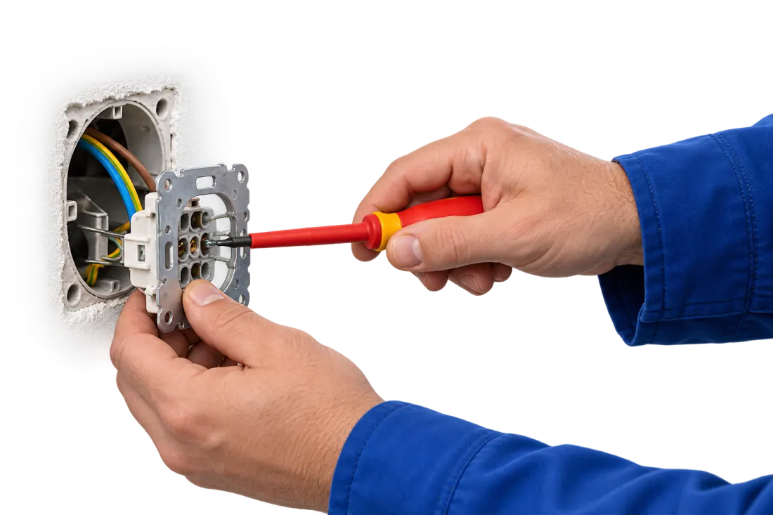 Elektriker schließt eine Steckdose mit einem isolierten Schraubendreher an