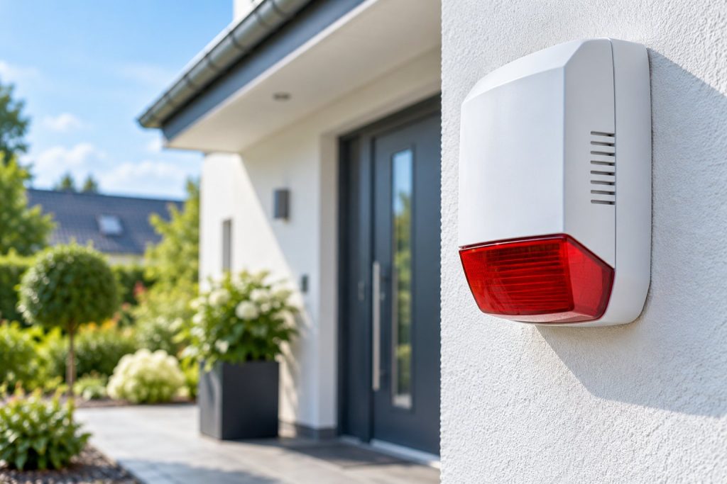 Außensirene einer Alarmanlage an der Fassade eines Einfamilienhauses