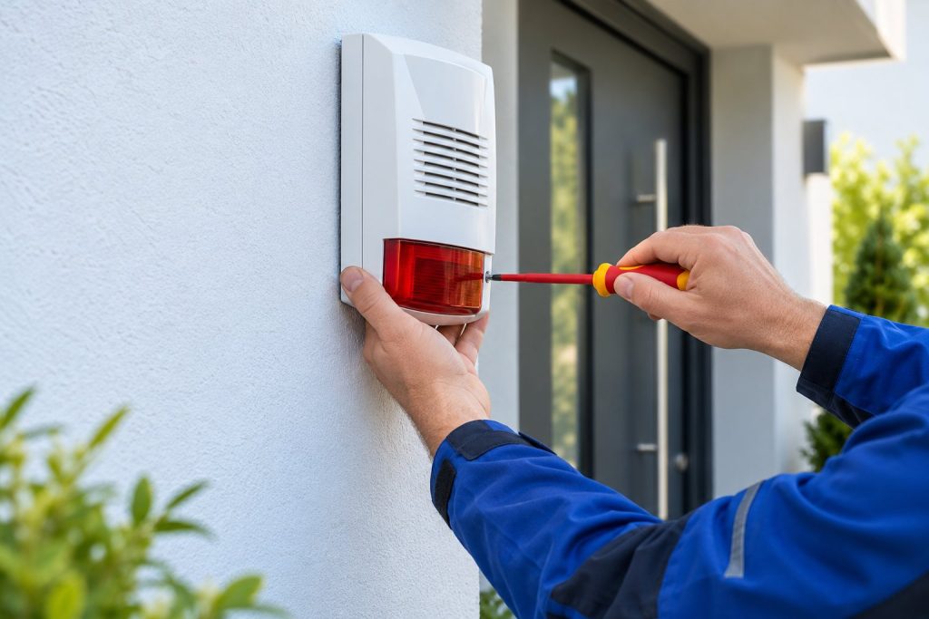 Elektriker montiert die Außensirene einer Alarmanlage an einem Berliner Haus