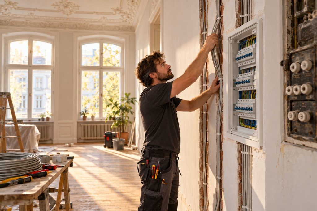 Elektriker verlegt neue Leitungen in einer Berliner Altbauwohnung neben neuem Unterverteiler und altem Sicherungskasten