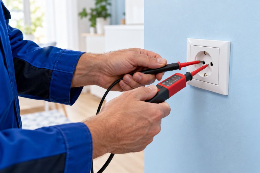 Elektriker prüft eine Steckdose mit einem Spannungsprüfer