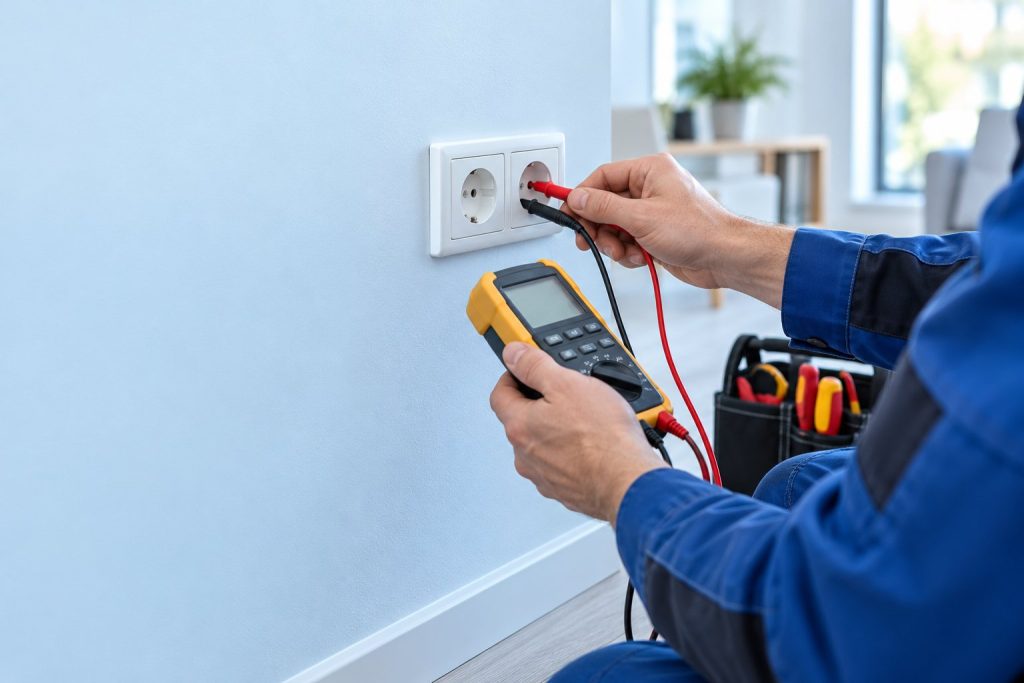 Elektriker prüft die Hauselektrik einer Berliner Wohnung mit dem Messgerät an der Steckdose