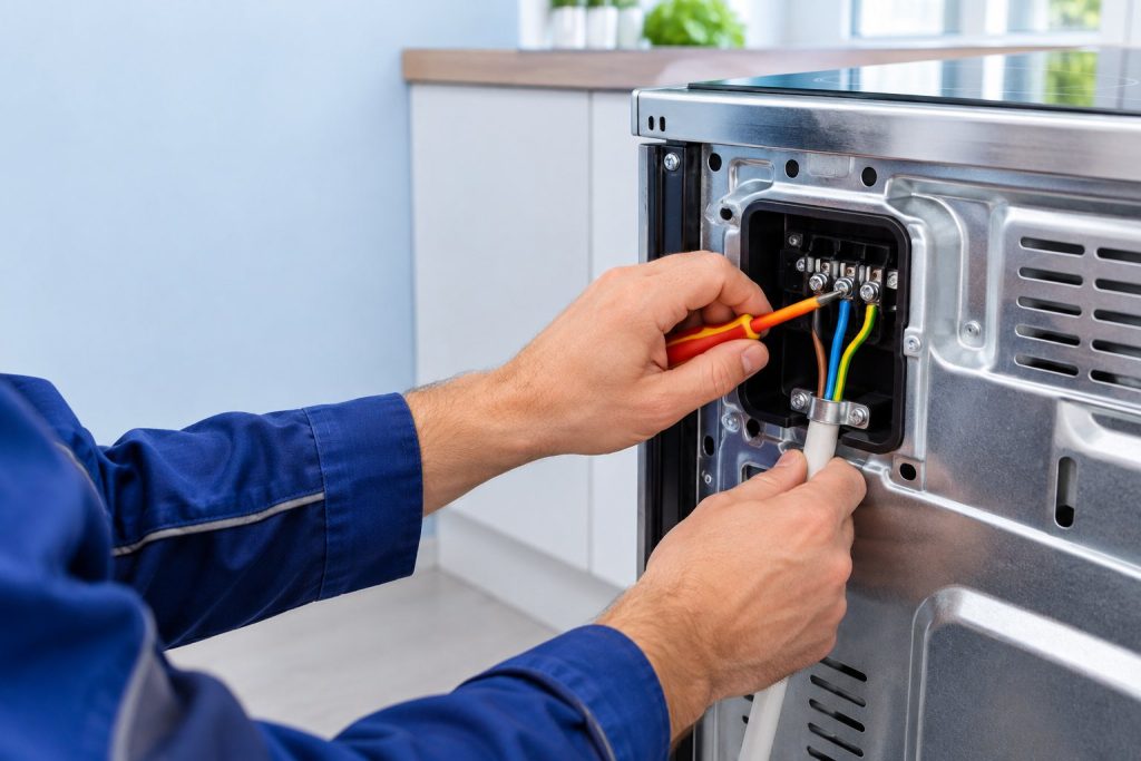 Elektriker schließt in einer Berliner Küche einen Herd an
