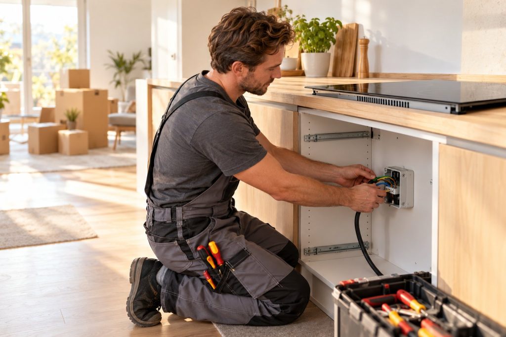 Elektriker schließt ein Induktionskochfeld an der Herdanschlussdose einer neuen Küche an