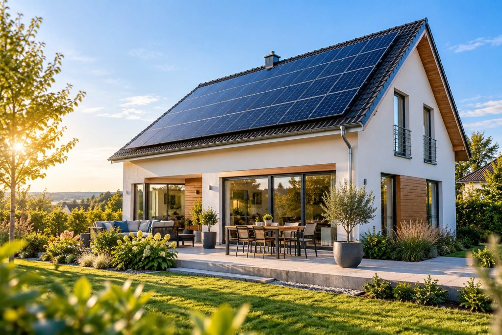 Einfamilienhaus mit Photovoltaikanlage auf dem Dach im Abendlicht