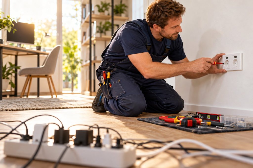 Elektriker montiert eine Doppelsteckdose mit USB im Homeoffice, vorne eine volle Mehrfachsteckdose
