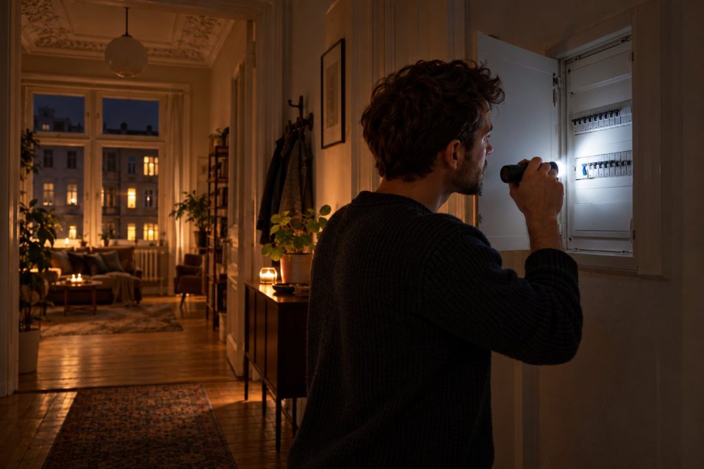 Mann leuchtet bei Stromausfall mit einer Taschenlampe in den Sicherungskasten einer Altbauwohnung
